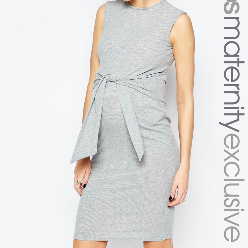 Gray Sleeveless Rib Body-Conscious Dress with Tie